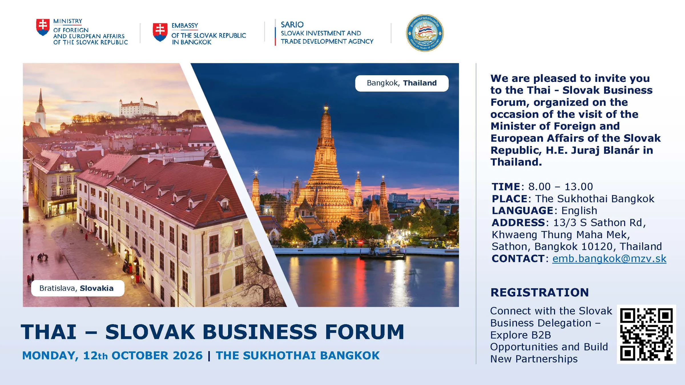 Official Thai–Slovak Business Forum invitation for 12 October 2026 at The Sukhothai Bangkok, with Bratislava and Bangkok photographs.